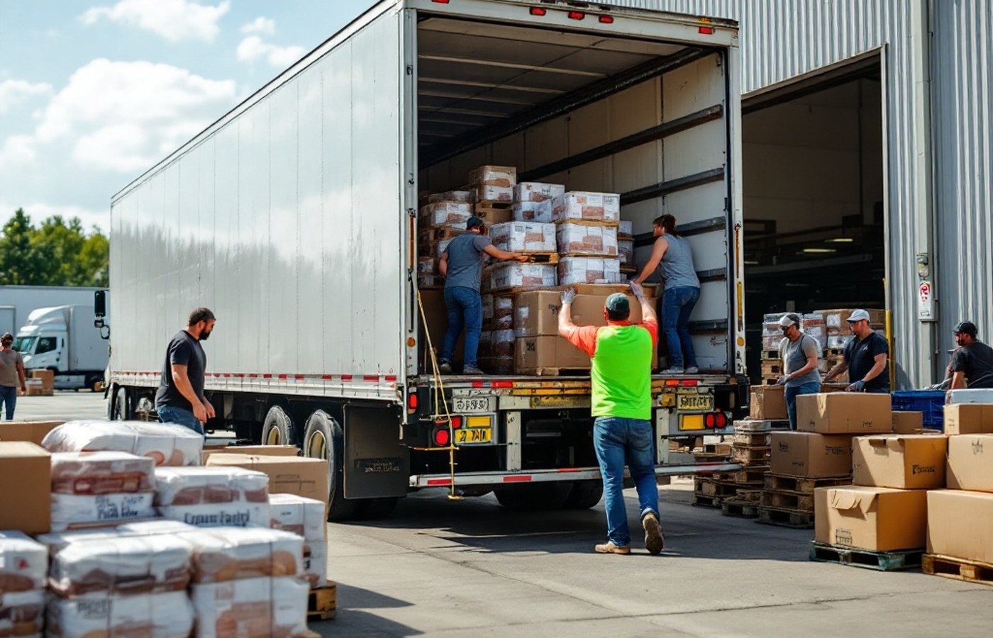A food-donation truck being unloaded at a food bank