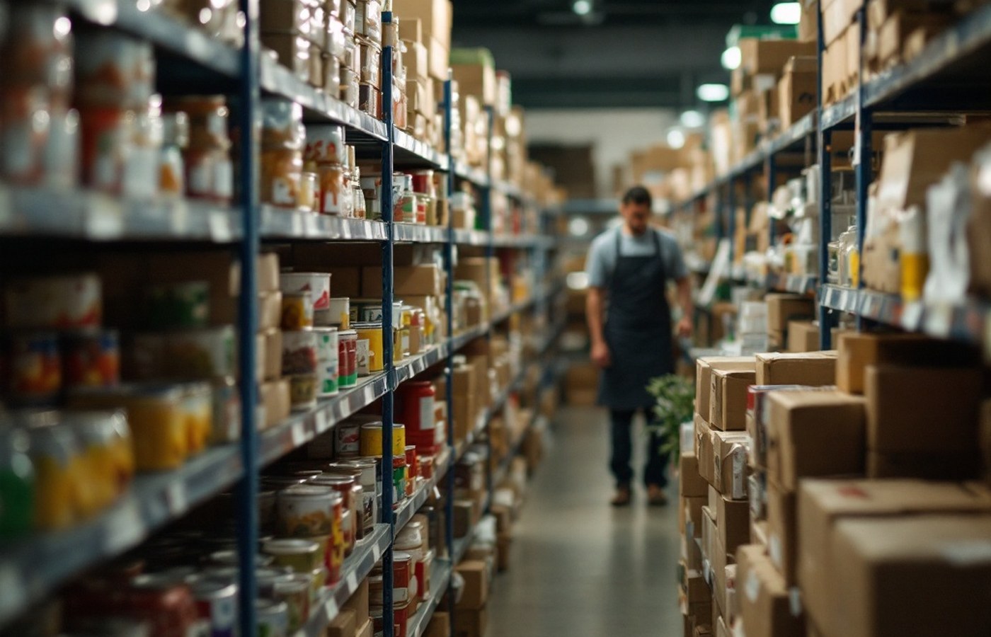 Shelves of donated food at a food bank