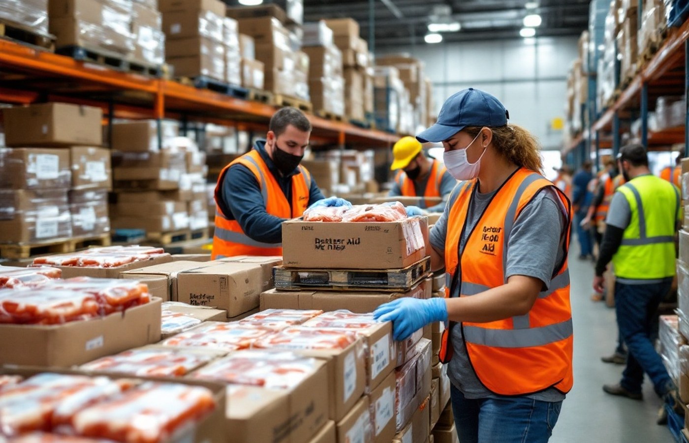 Volunteers stacking donated protein at a food bank