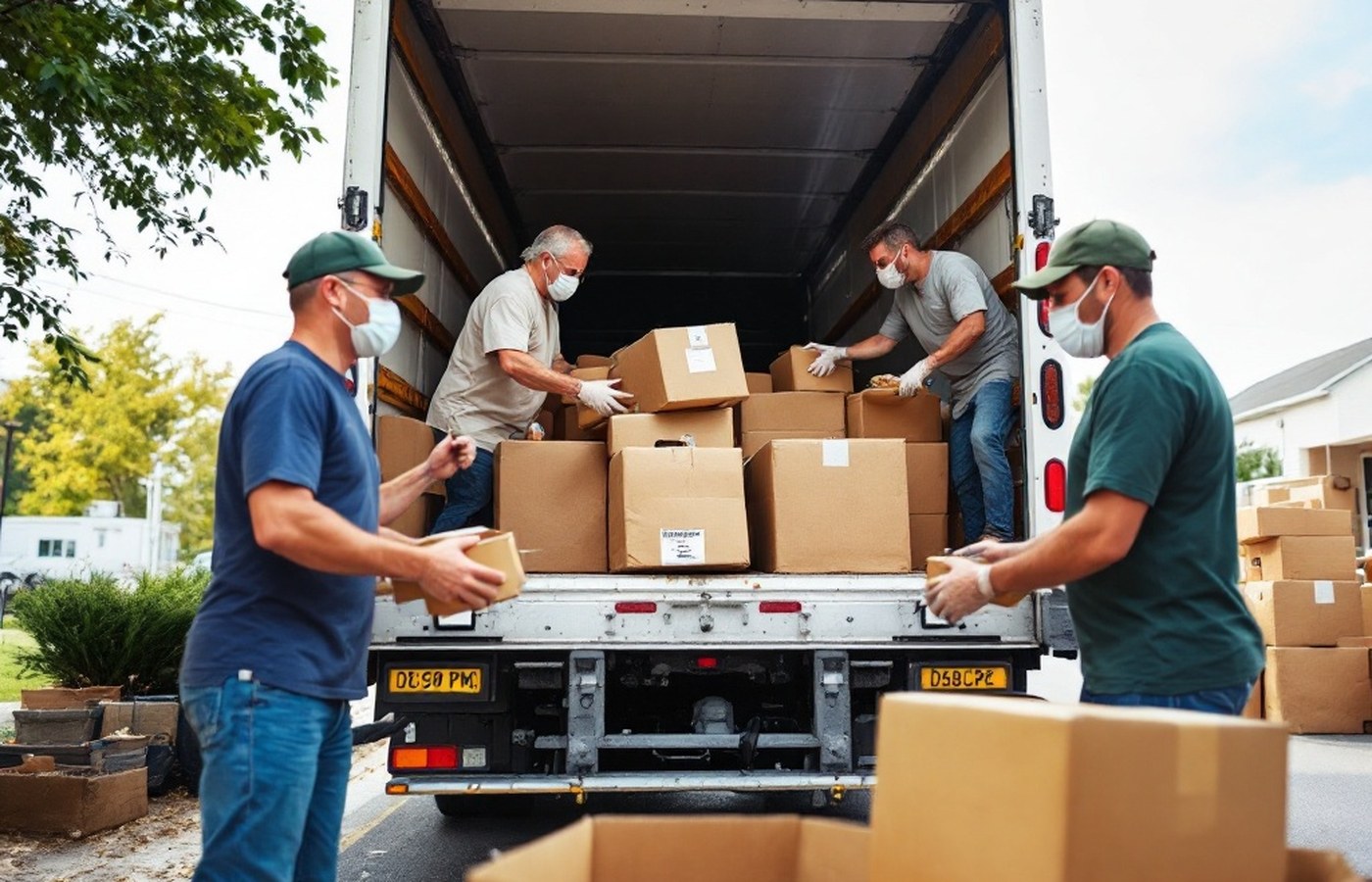 Volunteers loading donated food from a truck